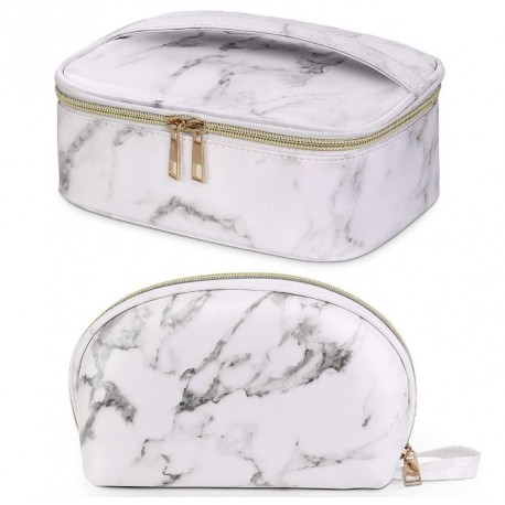 FANOBL 2 Pcs Makeup Bag Waterproof Cosmetic Bags with Gold Zipper Portable Marble Makeup Bag Organizer for Women Toiletry Bags for Traveling
