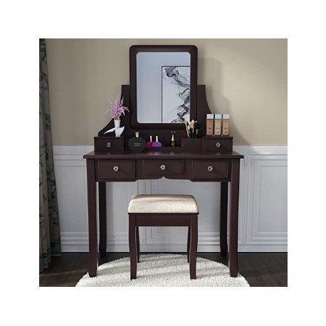 BUNDMAN anity Set with Mirror Dressing Table Vanity Makeup Table 5 Drawers/Dividers Movable Organizers,Espresso