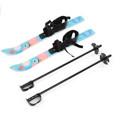 MIDYOO Kid's Beginner Snow Skis and Poles with Bindings, Low-Resistant Ski Boards for Age 4 and Under, Lightweight Sturdy and Safe Kids Skiing Equipment