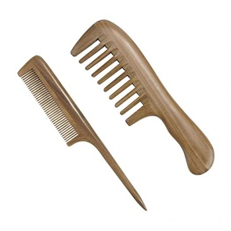 POGGKT Natural Green Sandalwood Wood Comb No Static Wide Tooth Comb and Fine Tooth Rat Tail Comb Wooden Comb Set