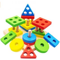 QJYAMK Wooden Educational stacking Toys for 1 2 3 Year Old, Montessori stacking Toys for Toddlers, 5.7 inches Wooden Shape Color Sorting Preschool Stacking Blocks Toddler Puzzles Toys for Boys& Girls