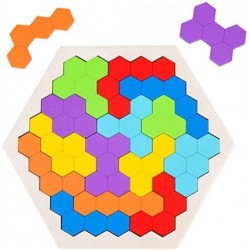 Ponybay Wooden Hexagon Puzzles for Kids Adults, Logic IQ Game Tangram Shape Blocks, Educational Toys Gift for Children 
