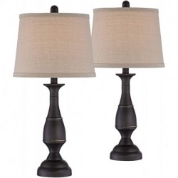 kruboy Traditional Table Lamps Set of 2 Dark Bronze Metal Beige Linen Drum Shade for Living Room Family Bedroom Bedside