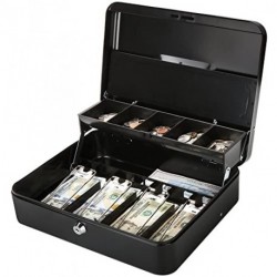MaxSpeed Large Cash Box with Lock - 2021 New Metal Money Box 100% Safe, 11.8L x 9.5W x 3.5H Inches, Black, SM-CB0501L