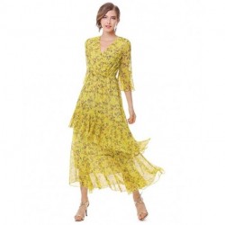 MOOLIGIRL Womens Dresses Yellow Floral Maxi Dress V Neck High Waist Chiffon Beach Summer Party Casual Long Dresses