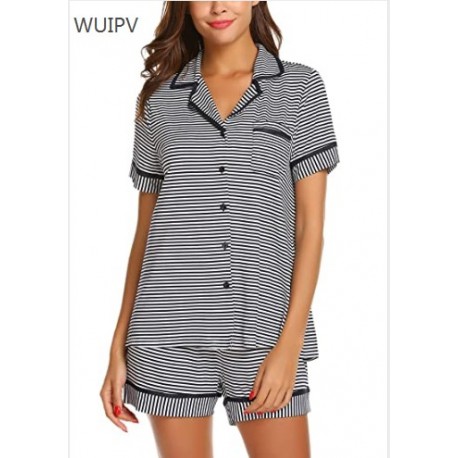 WUIPV Pajamas Soft Striped Women's Short Sleeve Button Sleepwear Shorts Shirt PJ Set